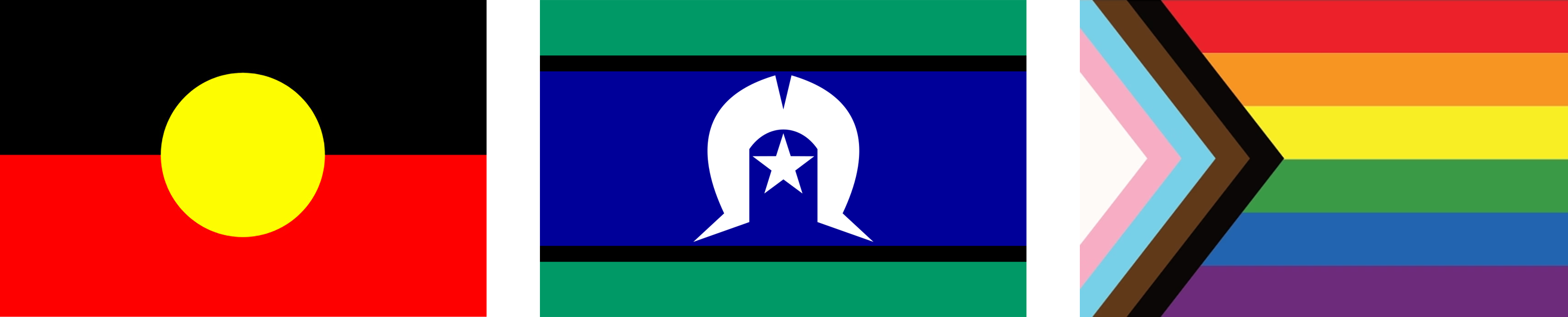 Aboriginal flag, Torres Strait Islander flag and Pride flag